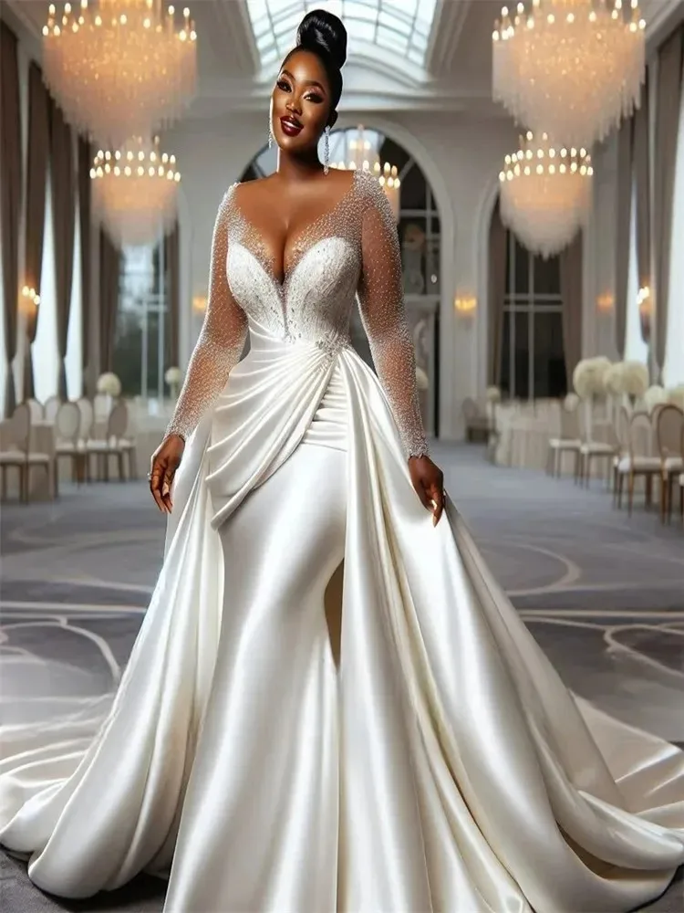 Customized Scoop Neck Shinny Beads Sequins Wedding Dress Sweep Train Robe De Mariée African Plus Size Satin Pleats Bridal Gown