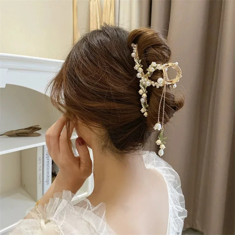 

Заколка-кисточка ручной работы с жемчужным цветком и большая заколка для волос