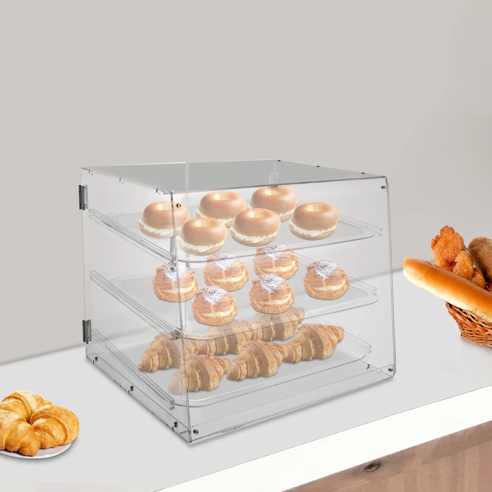 3-laags doorzichtige café-acryl gebakvitrine - commerciële bakkerijvitrine - moderne tafelblad dessertkast met anti-stofontwerp
