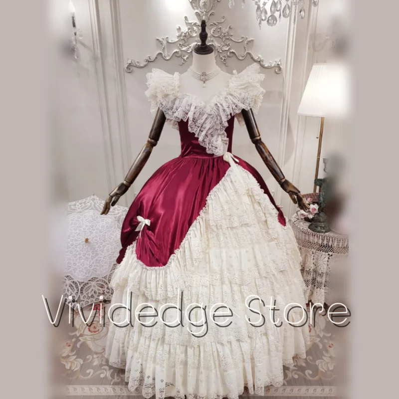 18世紀ヴィンテージビクトリア朝のウェディングドレスVネックレースフリルバーガンディホワイトAラインレイヤードブライダルドレスカスタマイズ