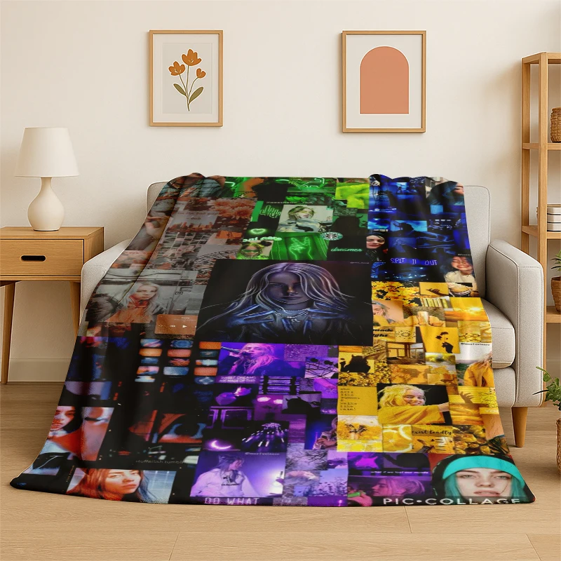 3D Billie Eilish Sängerin Star Flanelldecke, weiche, warme Überwurfdecke für Schlafzimmer, Wohnzimmer, Bett, Reisen, Camping, Picknick, Geschenk