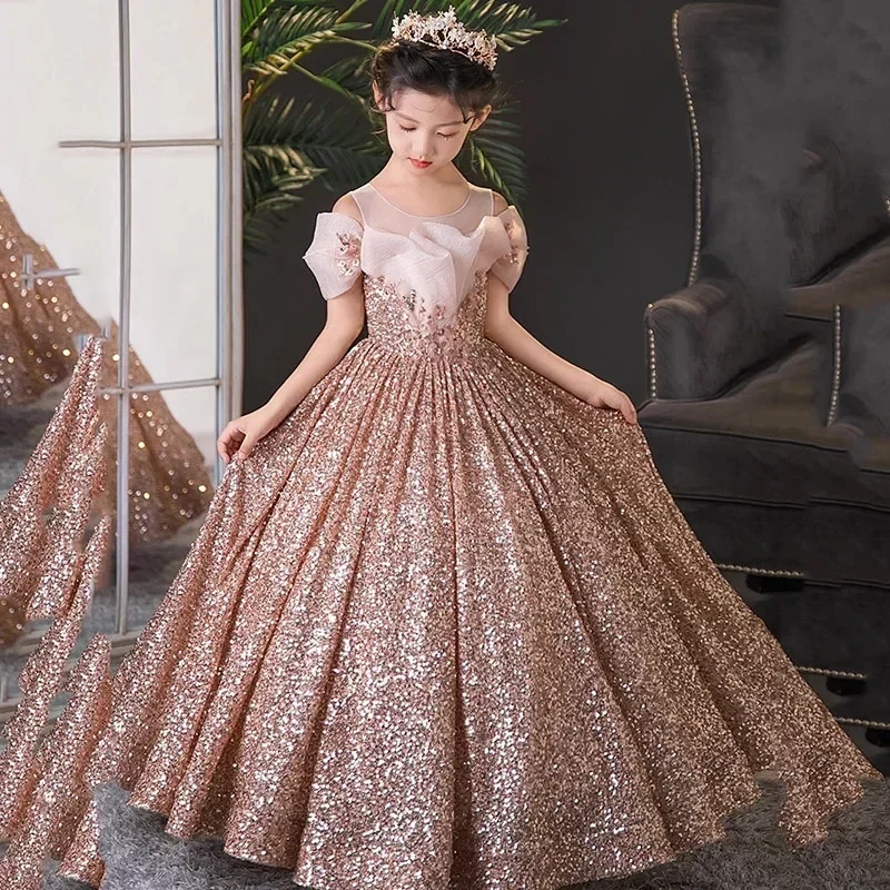 

2025 Little Girls Luxury Fancy Princess Long Dress Sequin Evening Party Dresses Kids Piano Performance Temperament Children