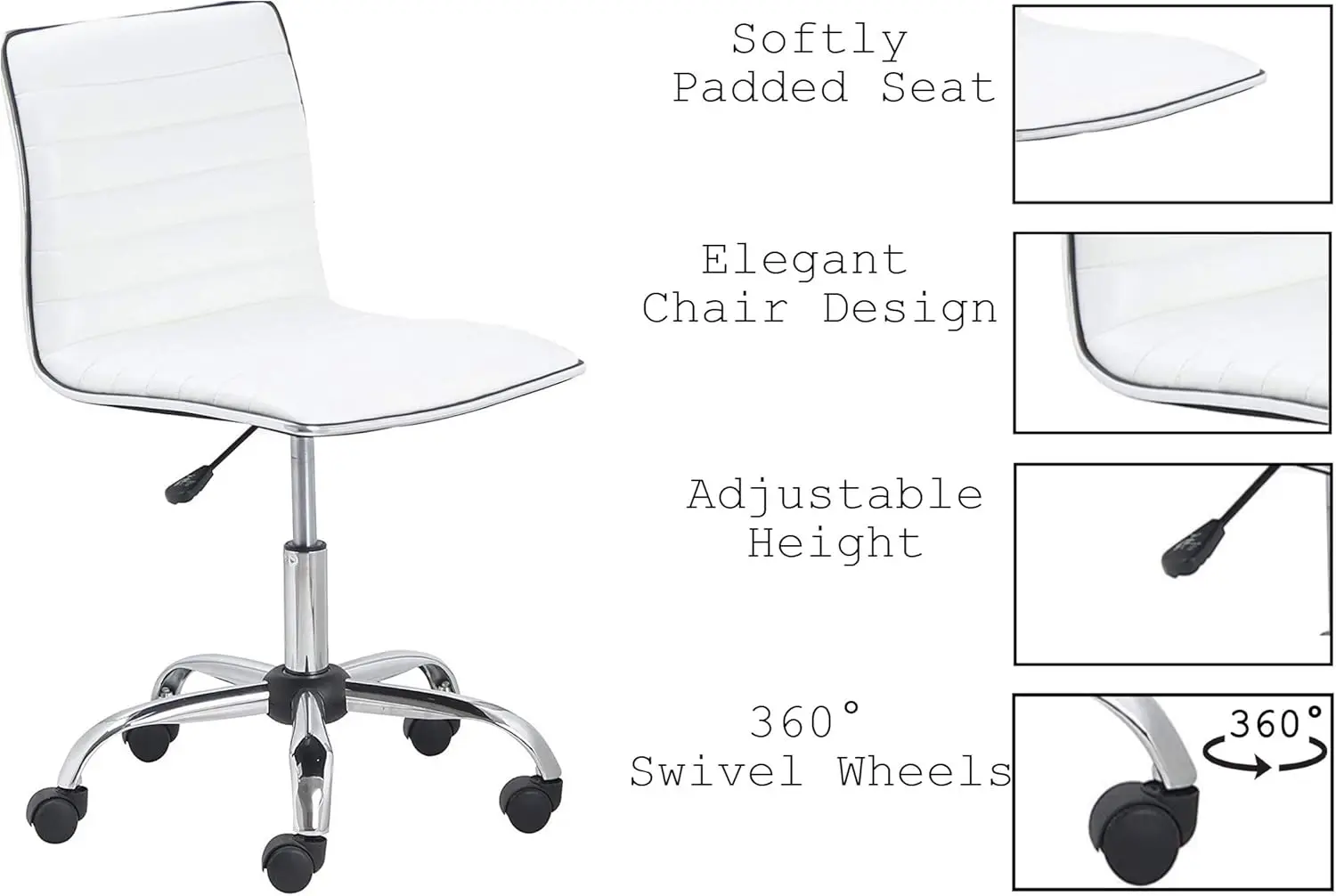 BTExpert Swivel Mid Back Armless Ribbed Designer Task Chair Leather Soft Upholstery Office Chair - White
