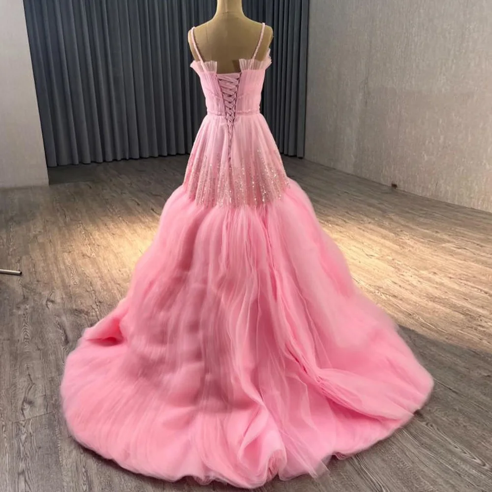 Customized Graceful Lace Up Back Criss-Cross Pleats Sequined Spaghetti Straps Party Gowns Exquisite A-Line Sweetheart Prom Gowns