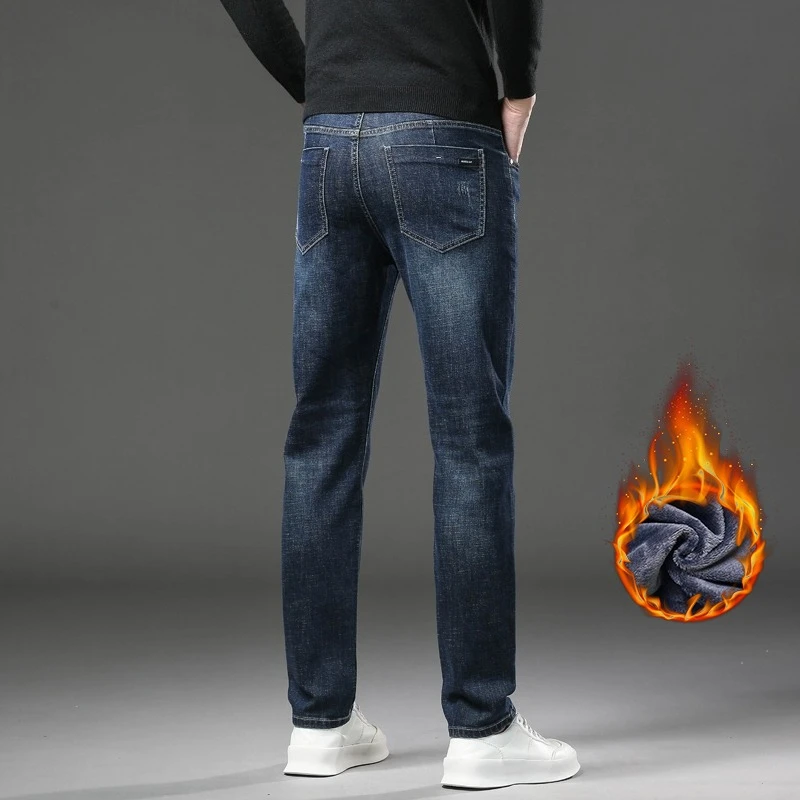 سميكة الصوف الجينز ملابس رجالية شتاء موضة جديدة خمر مستقيم تمتد مريحة الدافئة المخملية سراويل جينز #6