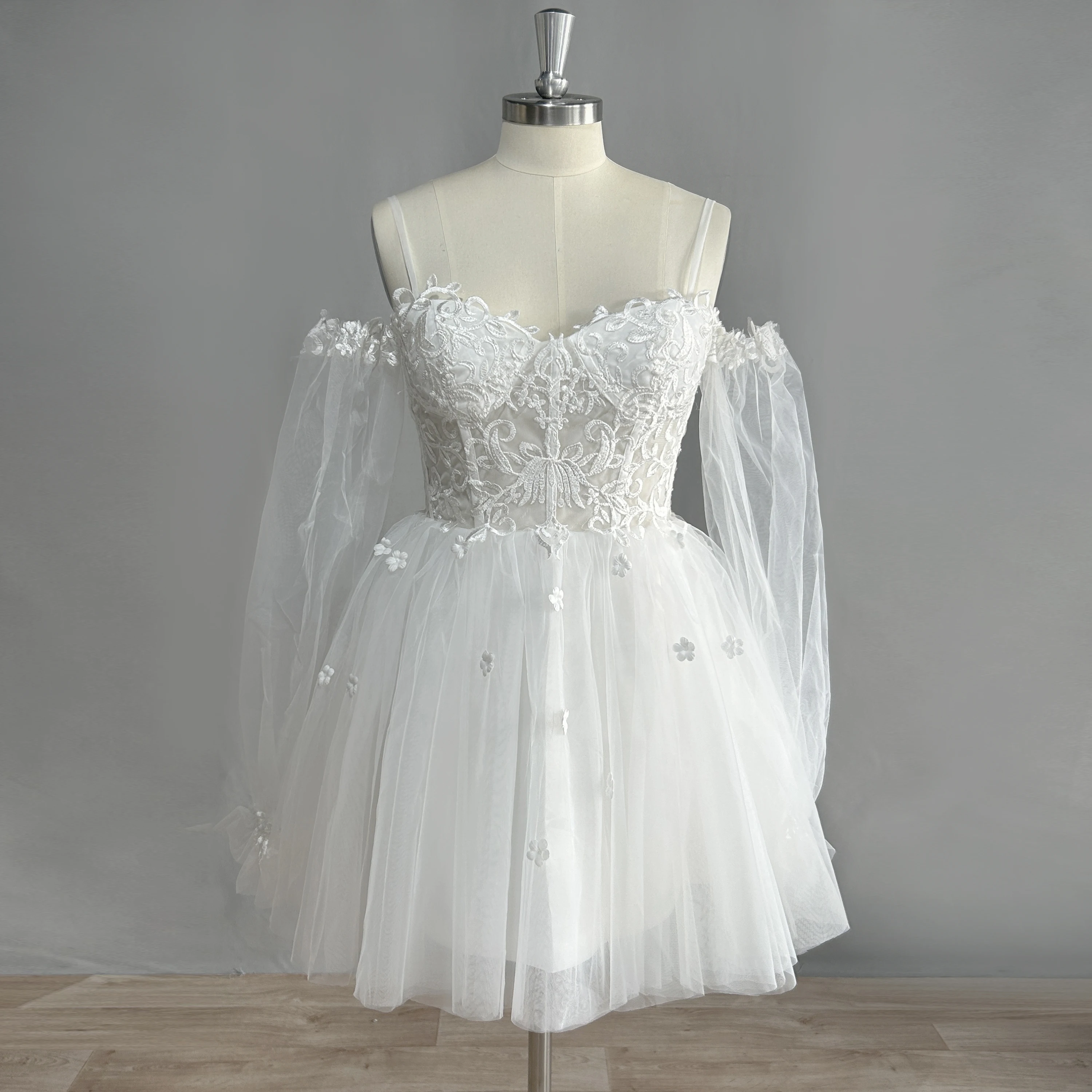 

DIDEYTTAWL Sweetheart Long Sleeves Tulle Short Wedding Dress Mini Length Off Shoulder Bridal Gown Real Picture