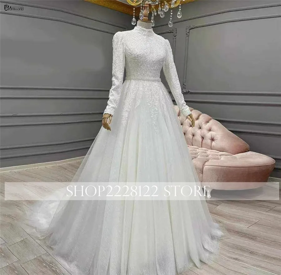 Vestido De Novia musulmán De lujo De Dubái, Vestidos De Novia De tul con cuentas De encaje brillante y cuello alto, Vestidos De Novia con mangas 2024