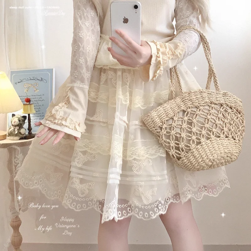 

Japanese Sweet Lolita Style Ruffle Mini Skirt Women Kawaii Bow Embroidery Chiffon Mesh Short Cake Skirts Korean Cute Fairy Skirt