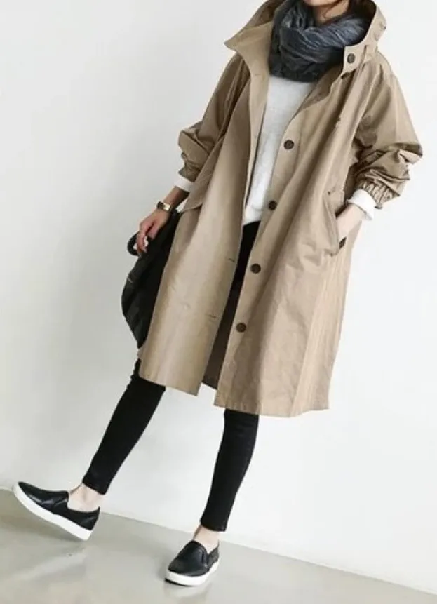 Spring And Autumn Casual Korean Fashion Hooded Mid-Length Coat Loose Windproof Jacket Women's Windbreaker Solid Color Pocket