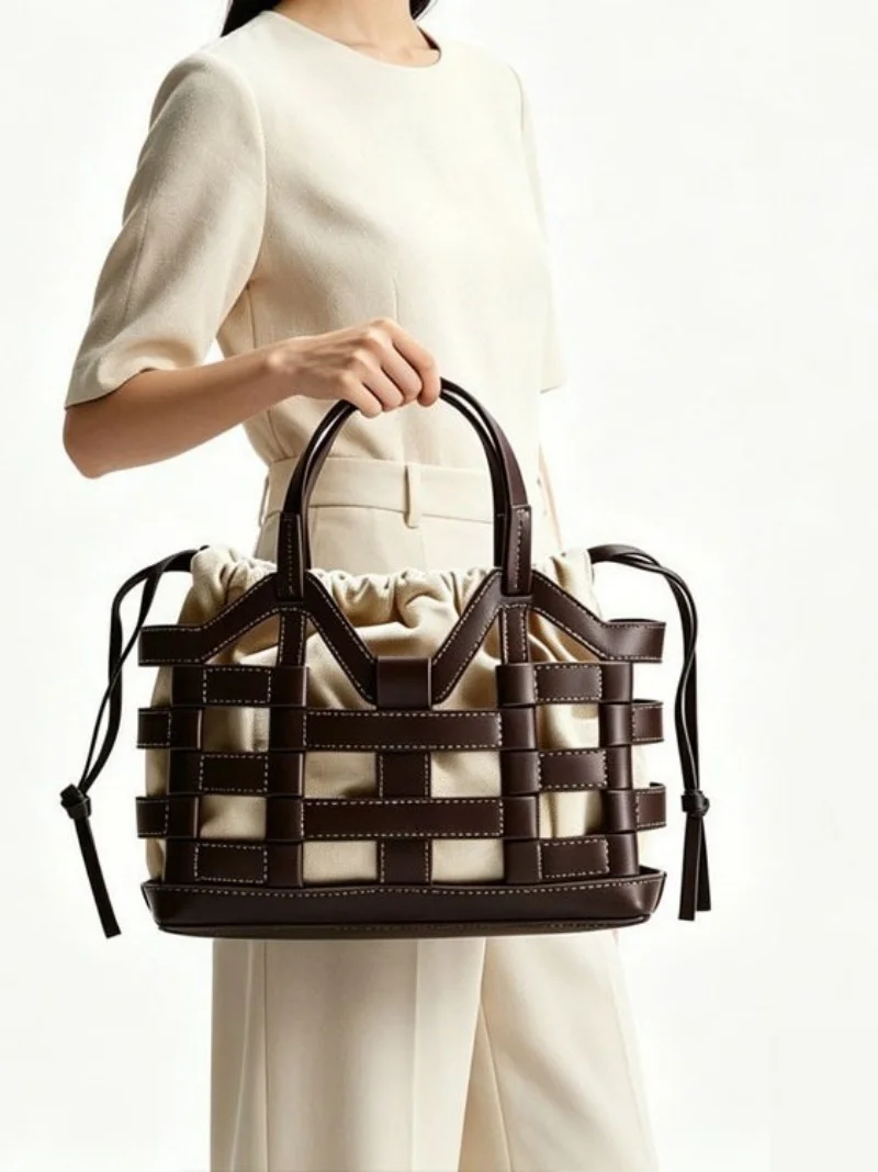 Fashion Retro Hollow Out Woven Handbag With Drawstring Design Inner Bag Coffee Luxury Vegetable Basket Bag Women's Commuter Tote