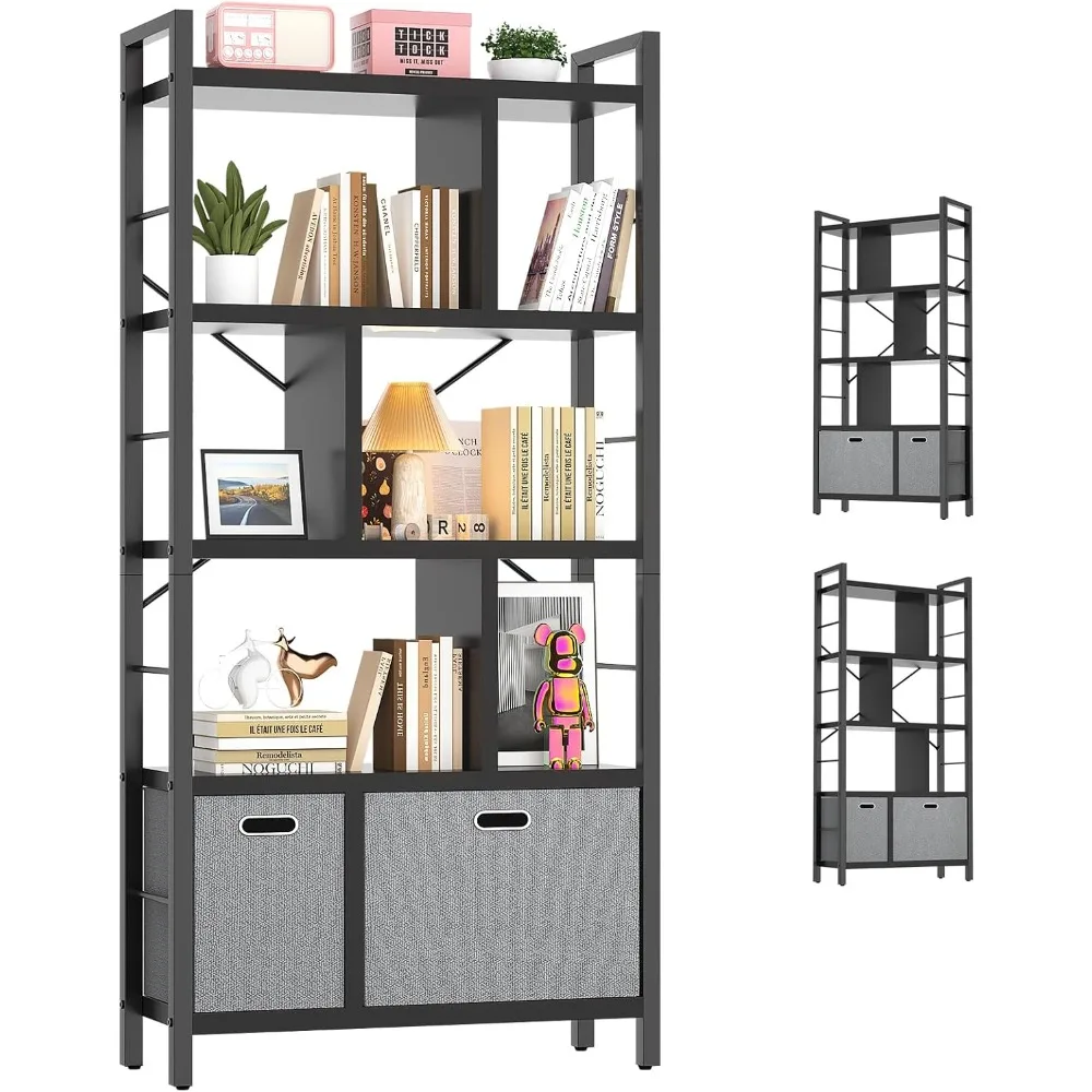 Tall Bookshelf with Drawers - 5 Tier Bookcase Modern Book Shelf Display Standing Shelf Units with Storage, Wood