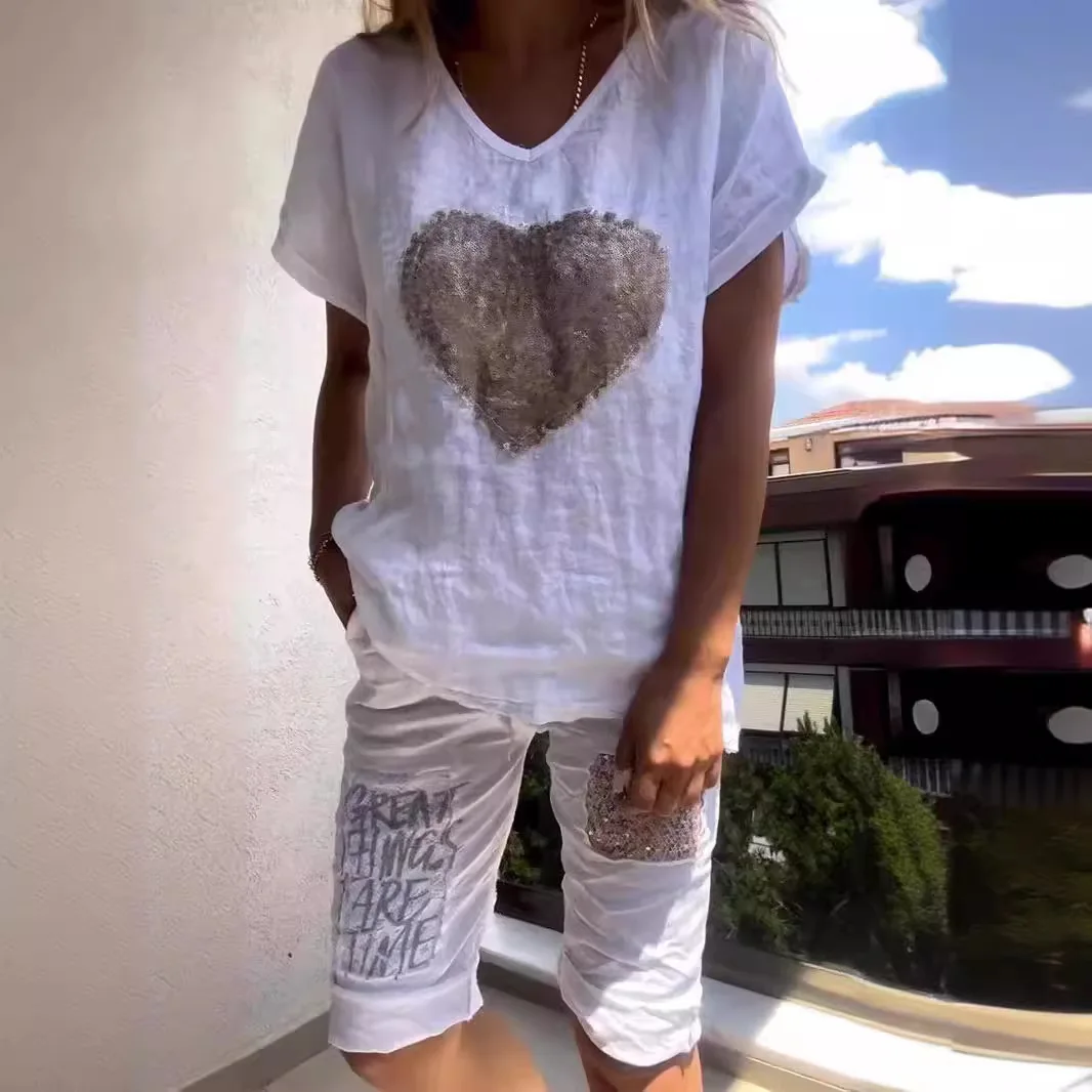 

Fashion Sequin Tops Wide-leg Pants Two-piece Sets Women Solid Color Summer Casual Shirt Pocket Trousers Suit For Women 2025