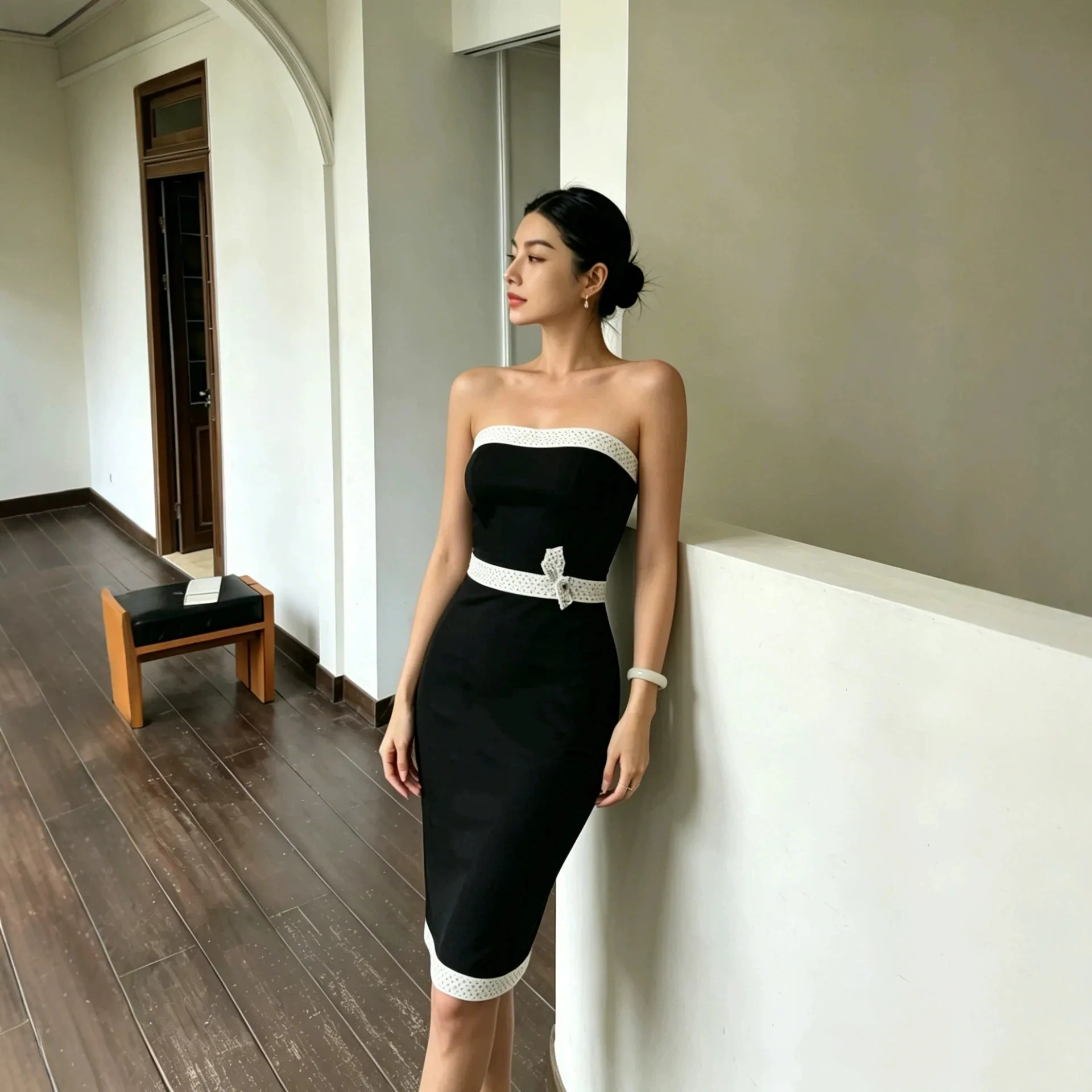 Fashion Contrast Strapless Bandage Midi Dress Sexy Off Shoulder Backless High Waist Bodycon Dresses Women's Elegant Party Wear
