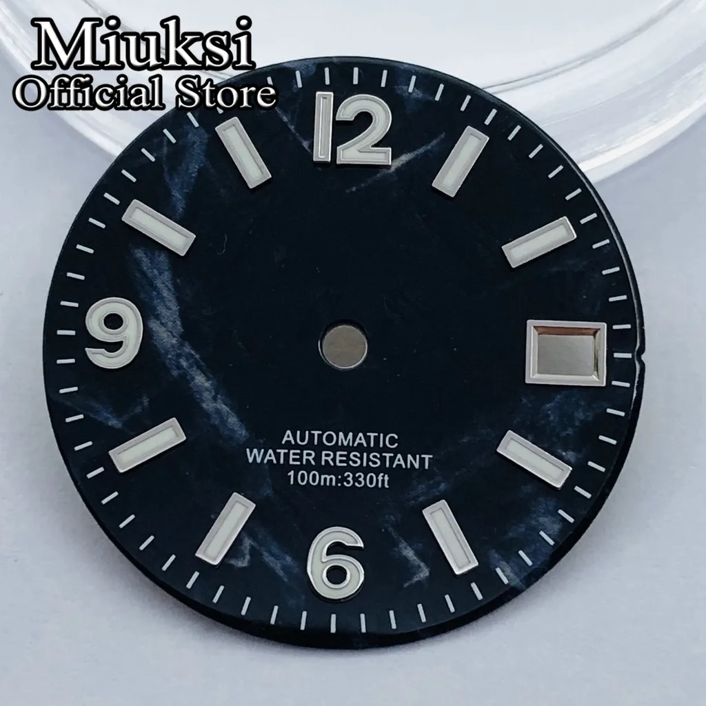 Miuksi 29mm balck blue green watch dial luminous fit NH35 movement fit 3 o\'clock crown 3.8 o\'clock crown