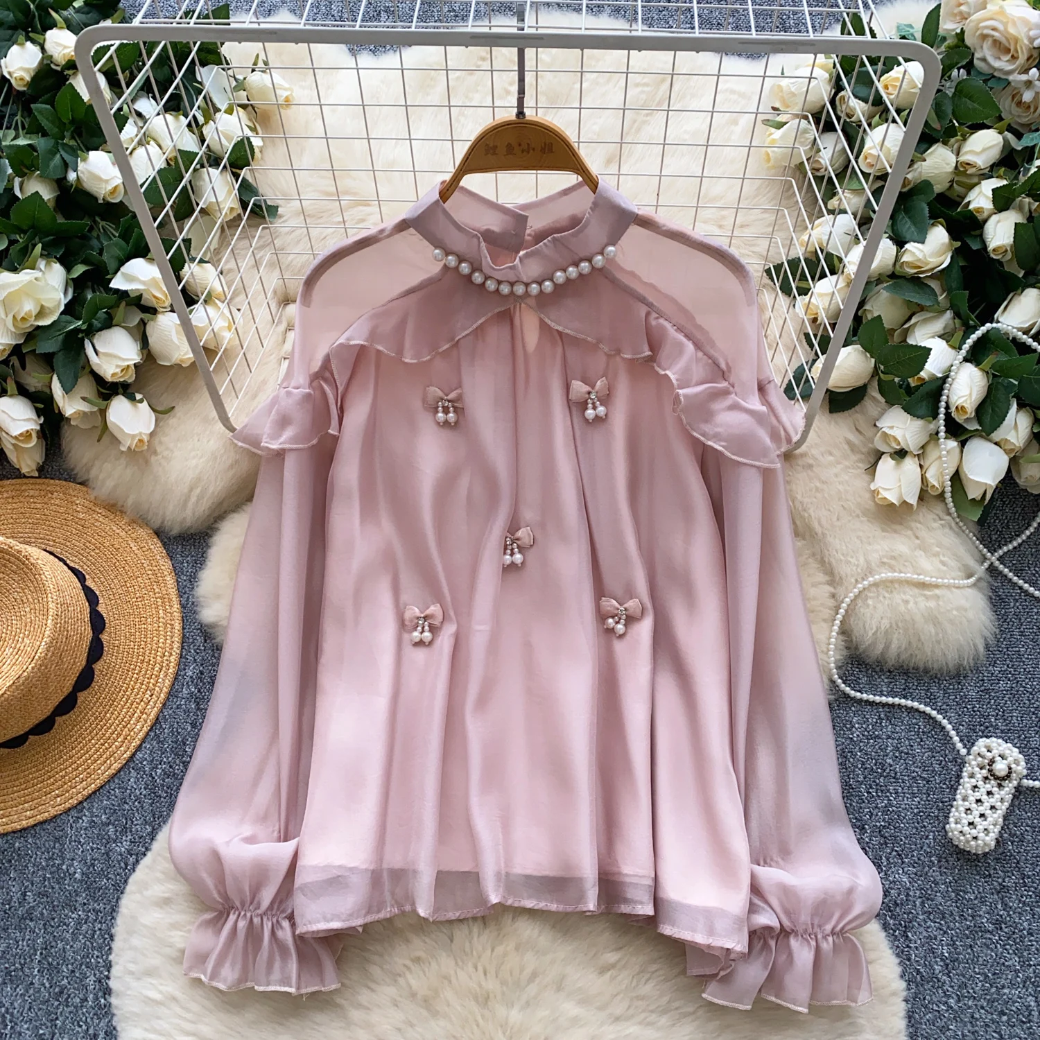 

Винтажная блузка из шифона, съедобное дерево, грибок, с длинным рукавом, элегантная модная женская милая рубашка, женская одежда