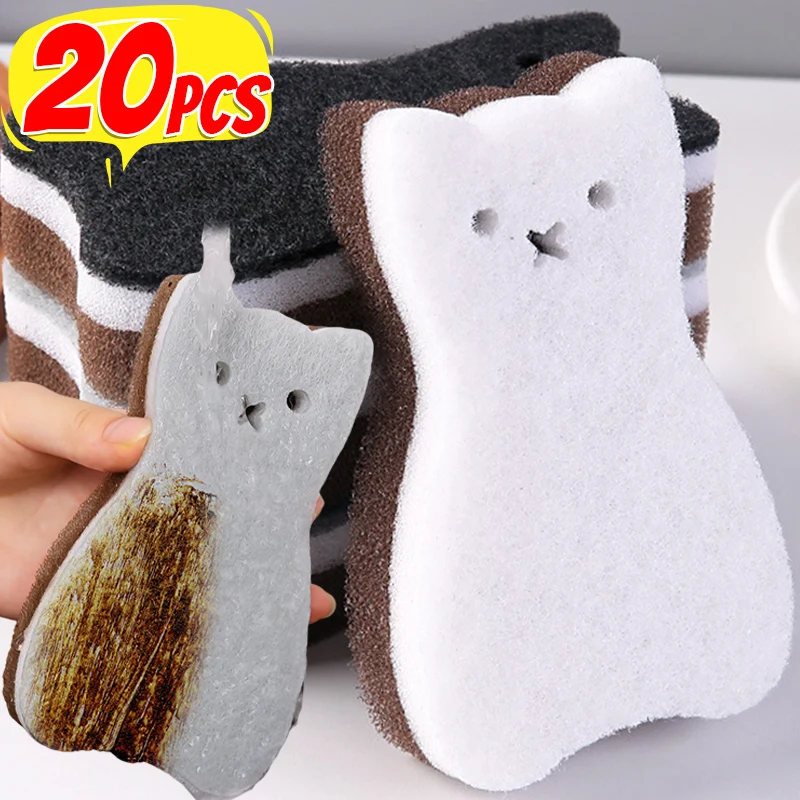 4/20pcs Dishwashing Sponge Reusable Double Side Magic Sponge Cute Cat Shape Wash Dishes Brushes Household Kitchen Cleaning Tools