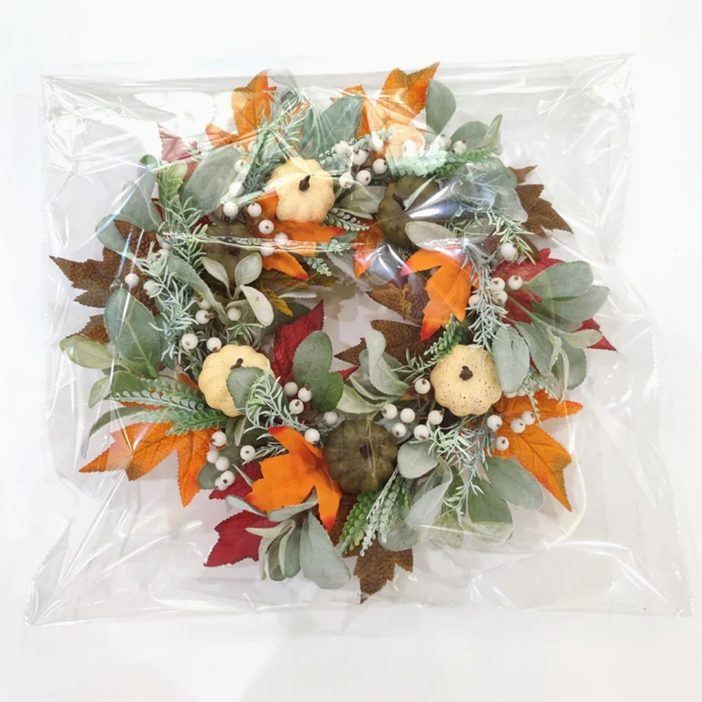 45cm Artificial Wreath Hanging Pumpkin Maple Leaves Wreaths Garden Farmhouse Home Background Wall Window Door Garland Decors