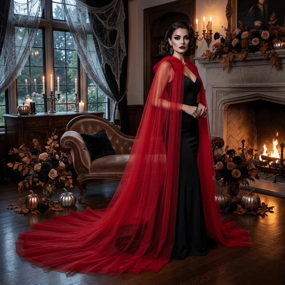 

Retro Solid Color Halloween Hooded Tulle Cape Soft Long Mesh Cloak Sheer Polyester Cosplay Bridal Costume Renaissance Party
