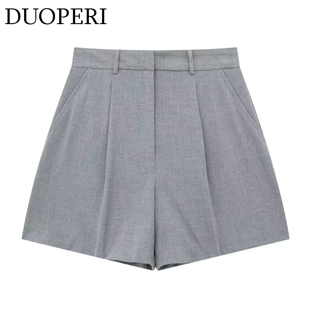 DUOPERI Women Fashion Grey 2 Pieces Sets Vest and High Waist Shorts Female Chic Lady Waistcoat and Shorts Coordinates