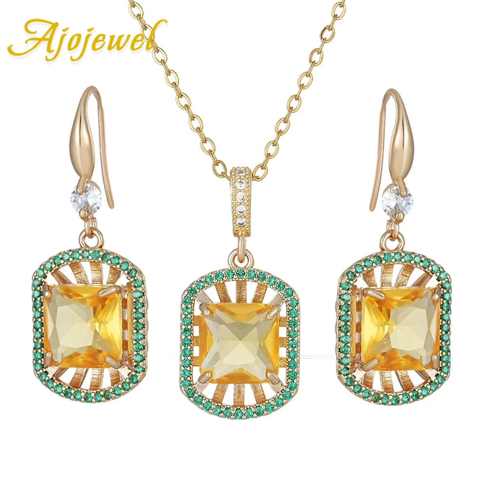 

Ajojewel Blue/Yellow Square Zircon Crystal Dangle Earrings And Pendant Necklace With Sweater Chain