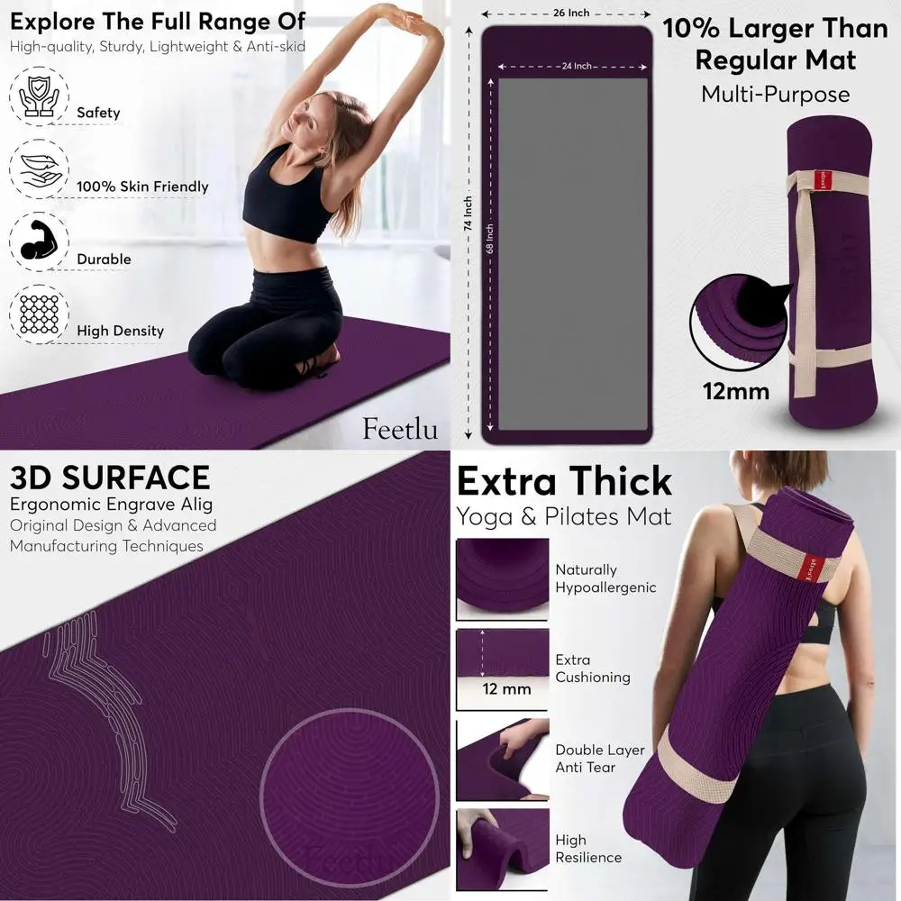 

Thick 12mm Exercise Mat for Yoga, Pilates, and Floor Workouts - Non-Slip, Joint-Friendly, Cushioned, Durable with Strap Included