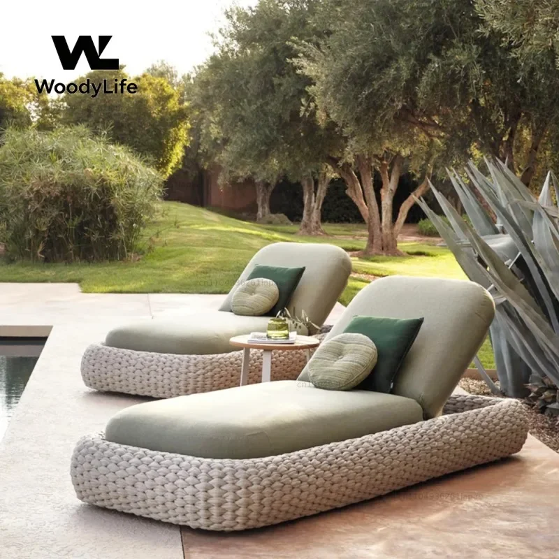 Modern Leisure Outdoor Garden Furniture Aluminum Woven Rope Chaise Lounge Chair for Beach Side Swimming Pool Bed Sun Lounger