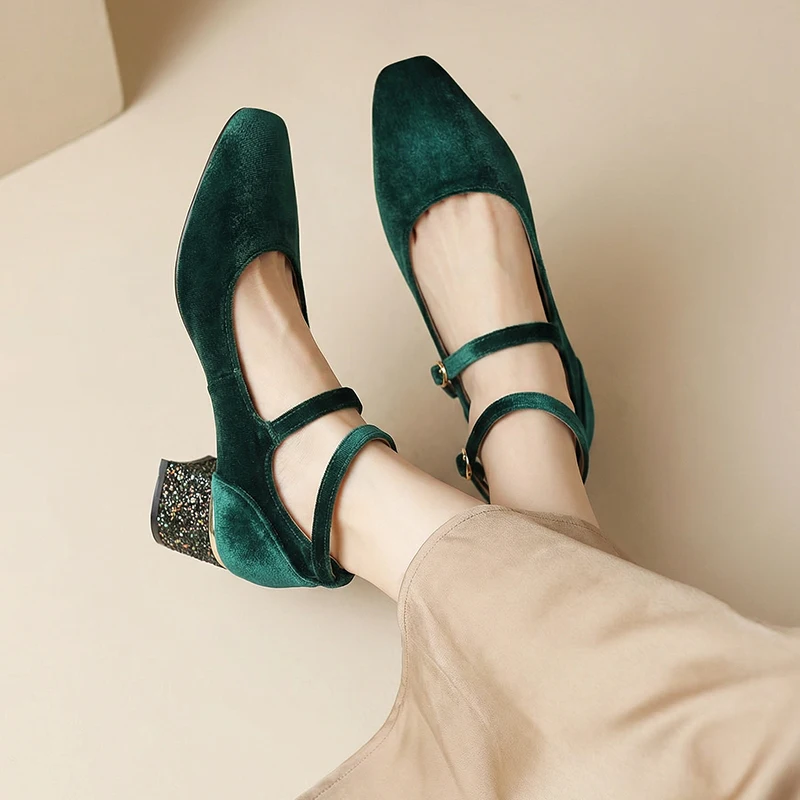 Bling Glitter Mary Janes Women's Pumps Spring Velour Burgundy High Heels Buckle Ankle Strap Green Velvet Female Shoes Large Size