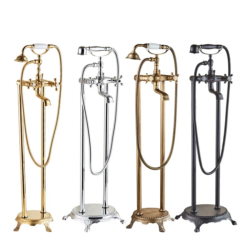 

European floor-to-ceiling brass gold black antique bathtub faucet set vertical concubine wooden bucket shower double column