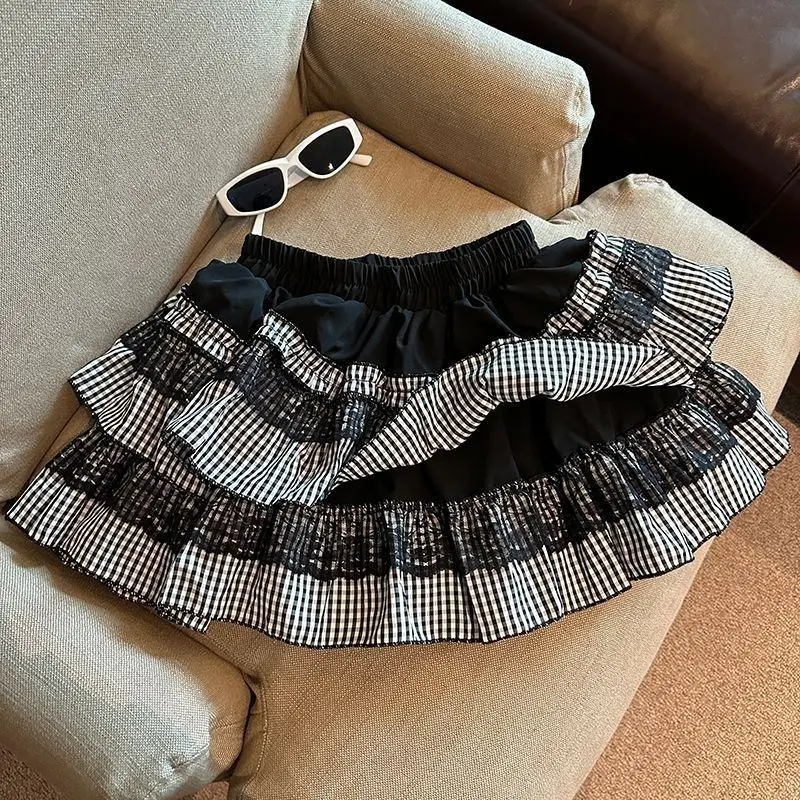 Verão feminino novo tamanho pequeno cintura alta emagrecimento anti-luz a-line mini saia doce renda xadrez inchado bolo saia 2000s chique novo