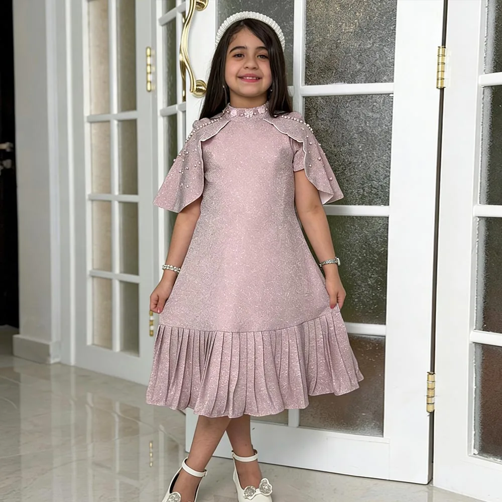 

Glittle Flower Girl Dresses O-neck Dress For Girls Beads Pearls Birthday Dress Purple Girl Princess Dress Cute Kids' Dresses