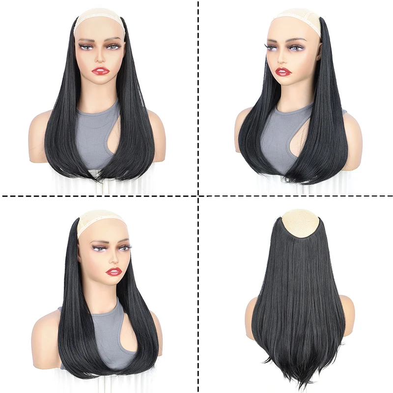 وصلات شعر اصطناعية على شكل حرف V للنساء ، قطعة شعر طويلة مستقيمة ، نمط مشبك داخلي ، أسود ، بني ، 4 مقاطع ، 18"