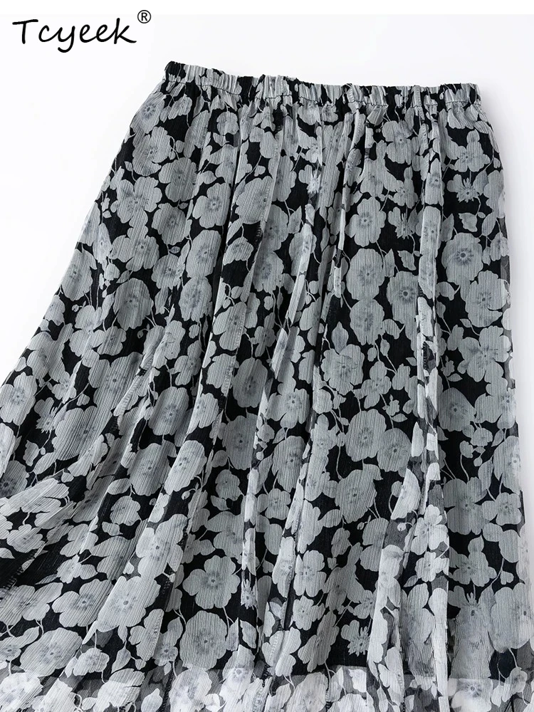 Tcyeek 100% Real Silk Skirts for Women 2026 Spring Elastic Waist Classic Two-layer Beach Skirt Woman Clothes Faldones Para Mujer