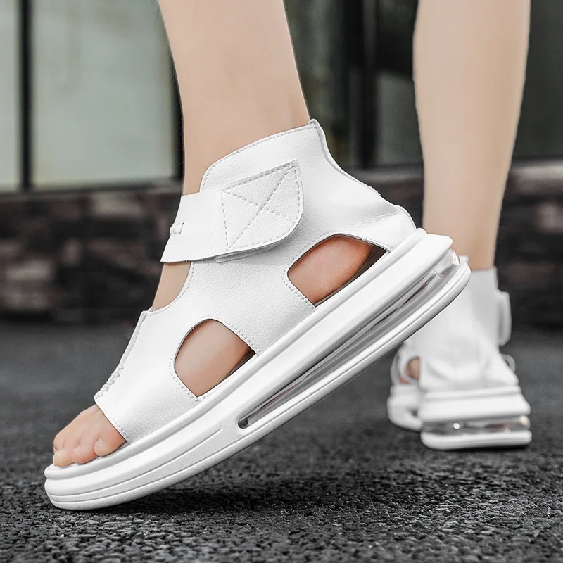 Summer new men's imitation leather ice feeling hollow breathable open-toed Roman sandals soft-soled casual beach shoes