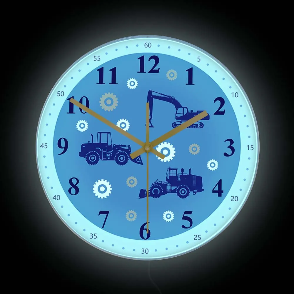 

Construction Machines Excavator LED Lighted Clock For Nursery Kids Room Heavy Equipment Machinery Gears Wall Clock Glow In Dark