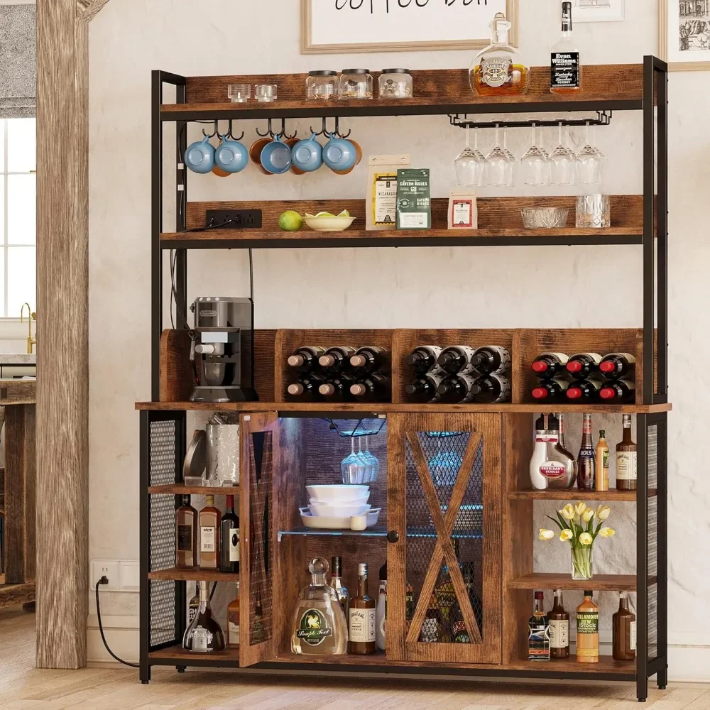 Armoire à café-bar avec prise de courant, armoire de planche industrielle avec bande LED et support en verre