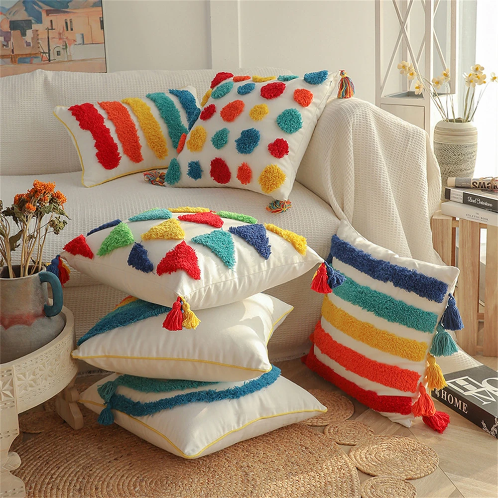 

2024 Tufted Rainbow Cushion Cover Embroidery Sofa Decorative Pillow Covers 45x45CM Living Room Handmade Square Pillow Cover