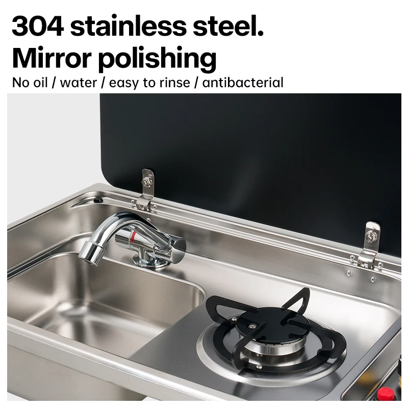 RV Gas Stove Sink Combo with Glass Lid for Caravan & Camper Kitchen