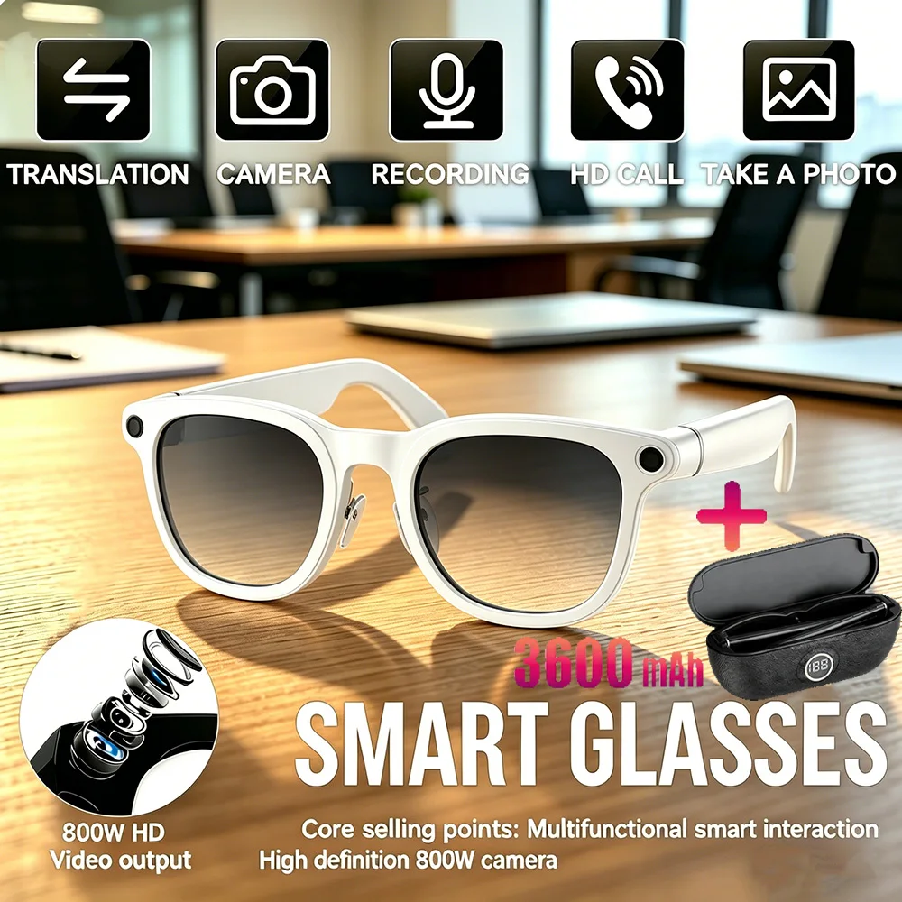 New 800W 4K HD Camera Smart Glasses Shooting Real-time Translation Sunglasses 32GB Memory 3D Sound with 3600mAh Charging Case