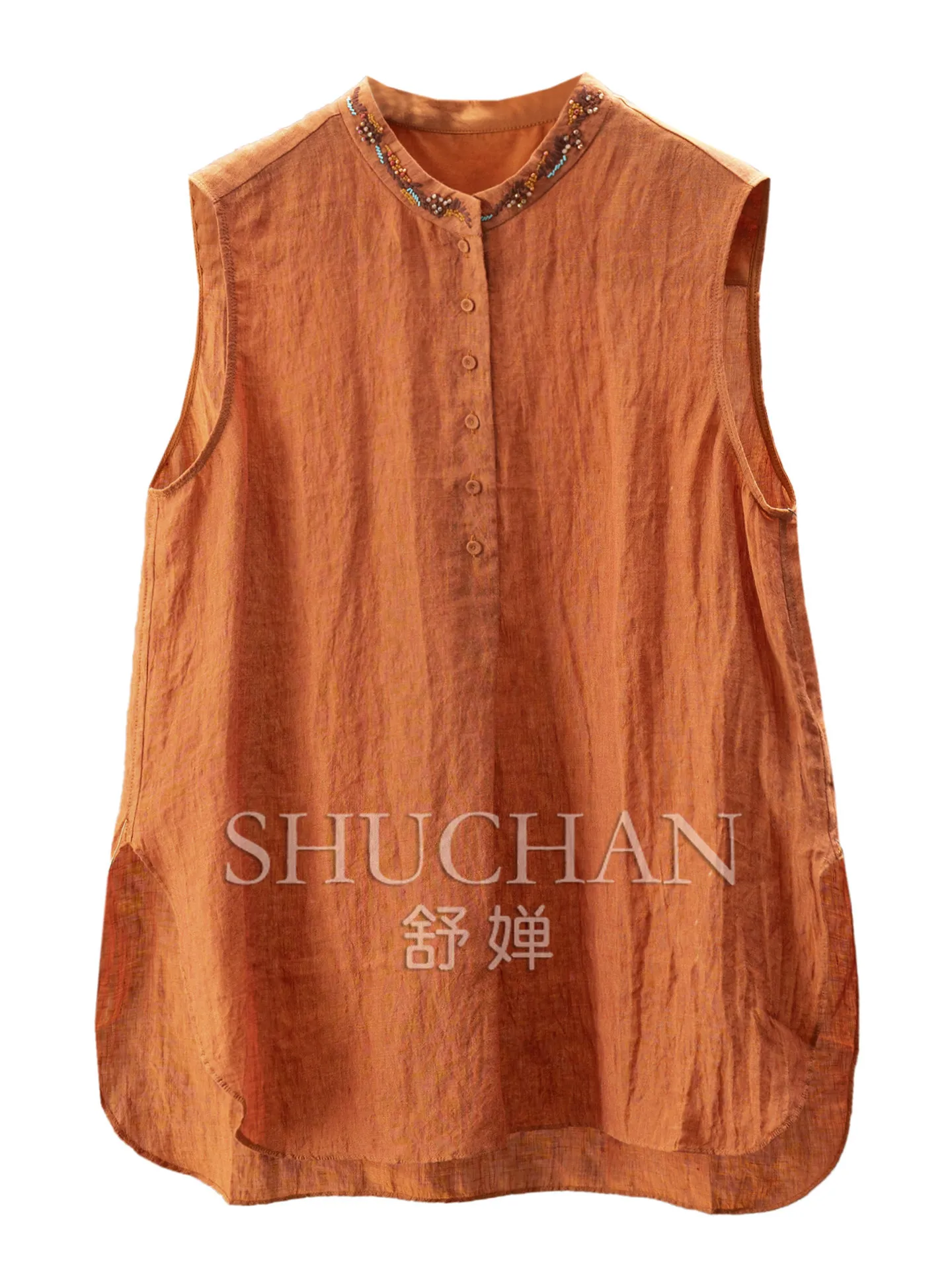 Orange Tank Top French Luxury Retro Colored Beads Embroidered Arc Pendulum Linen Shirt Female 52M5