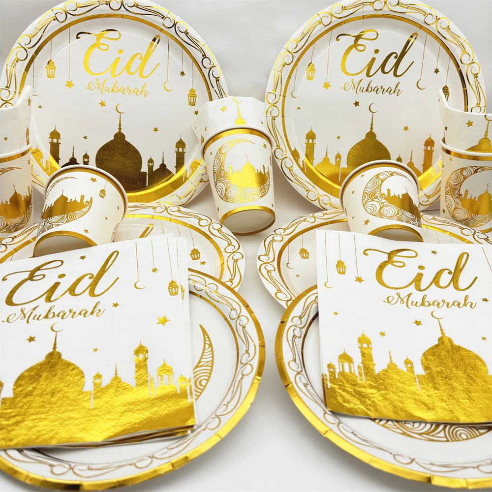 8Pcs Ramadan Eid Mubarak Pappbecher Platte Serviette Geschirr Ramadan Mubarak kareem Hijab Muslim Islamischen Festival Party Dekoration
