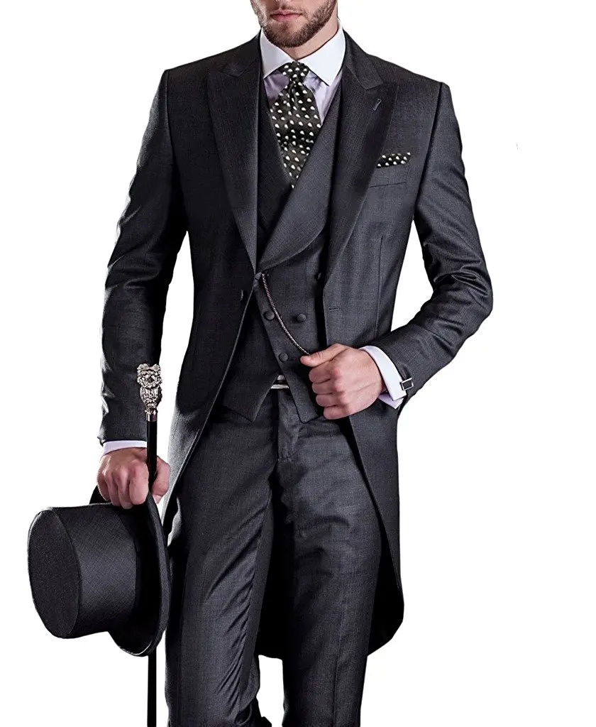 Solid Men\'s Tailcoat Suit Set Business Tuxedos for Men Wedding Suit Coat Pants Vest 3 Pcs Set Dress Blazers Jacket Trousers