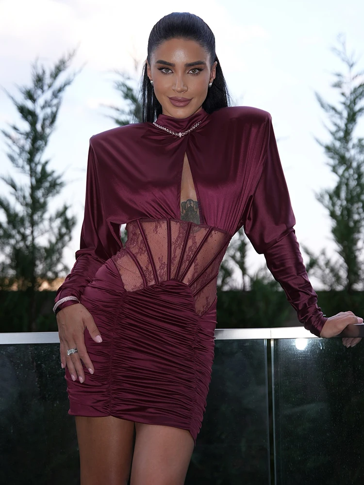 VC Luxury Burgundy High Neck Cut-Out Mini Dress with Lace Corset Detail Elegant Long - Sleeve Party Dress for Evening Events