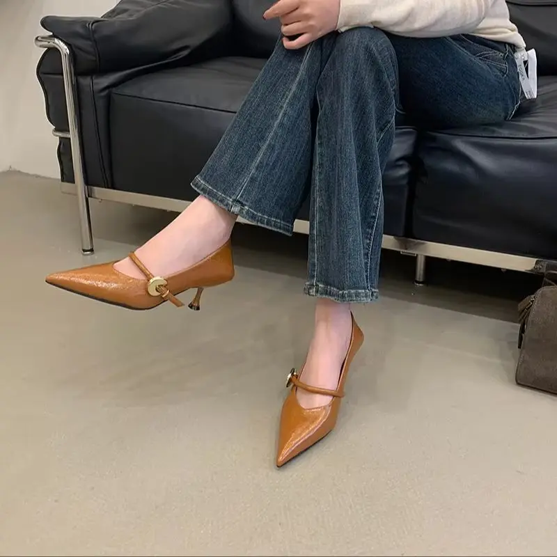 5cm High Heels For Woman Gold Pionted Toe Office Shoes Spring Summer  Metal Buckle Low Heel Black Shoes Elegan Ladies Pumps