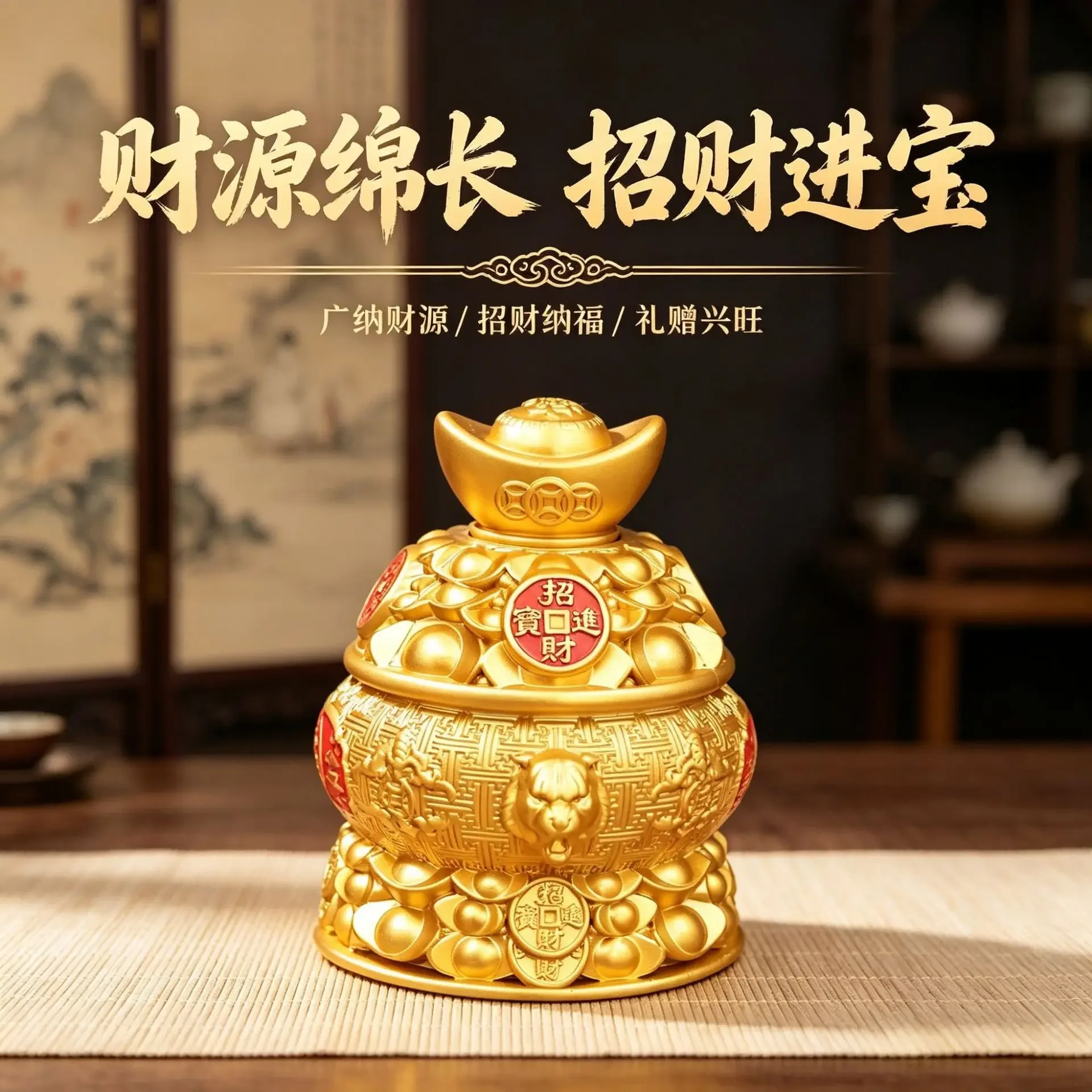DSA rotating lion ear cornucopia ornament with gold ingot top cover Jucai home office financial position feng shui