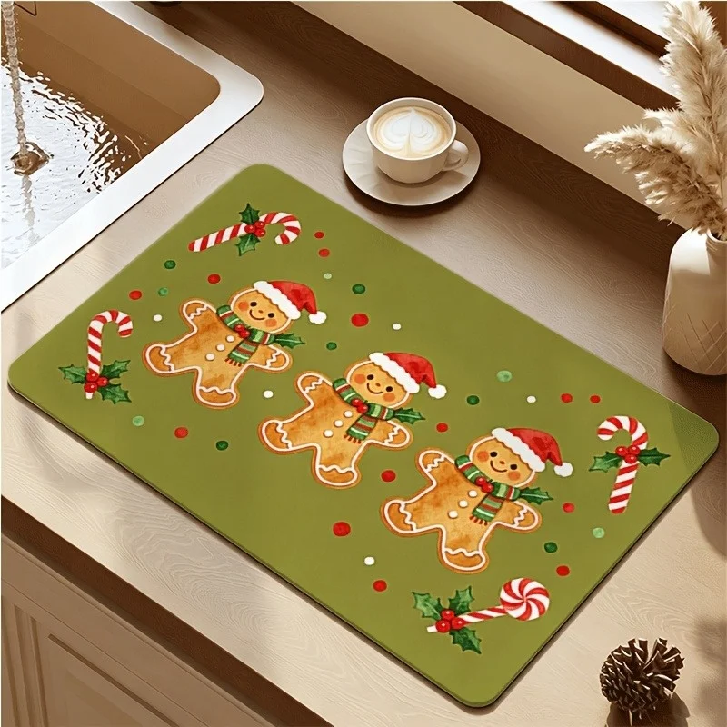 Christmas Gingerbread Man Dish Drying Mat, Waterproof Non Slip Counter Mat, Washable Pad for Coffee Machine Kitchen Decor