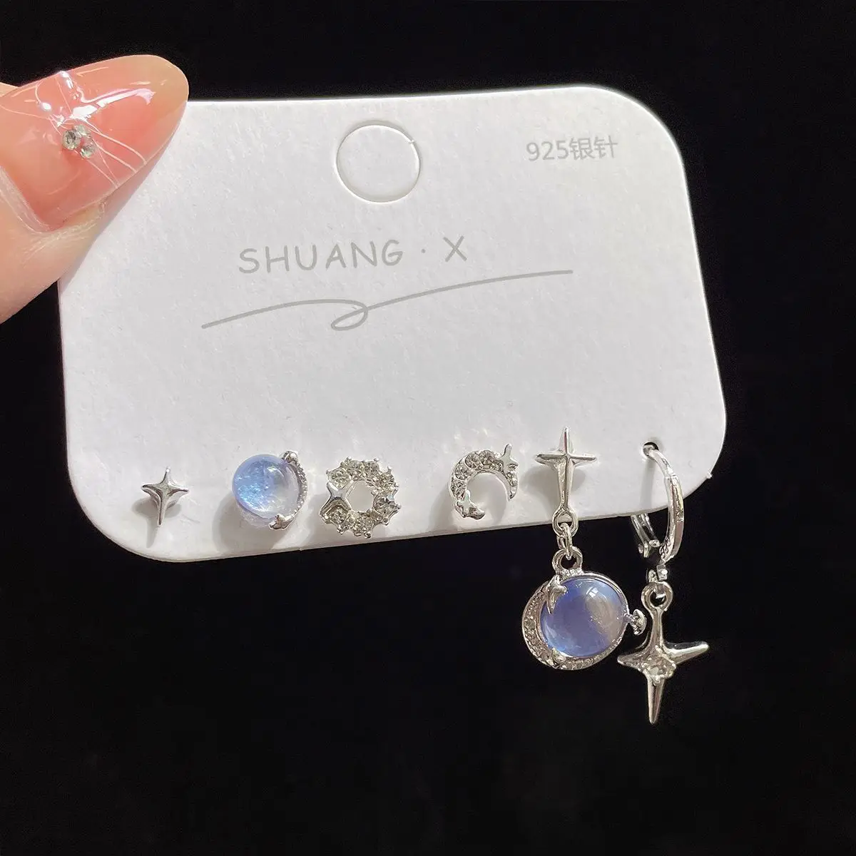 6PCS Set Silver Color Blue Star Dangle Earrings Vintage Metal Geometric Drop Earring for Women Fashion Trendy Y2K Goth Jewelry