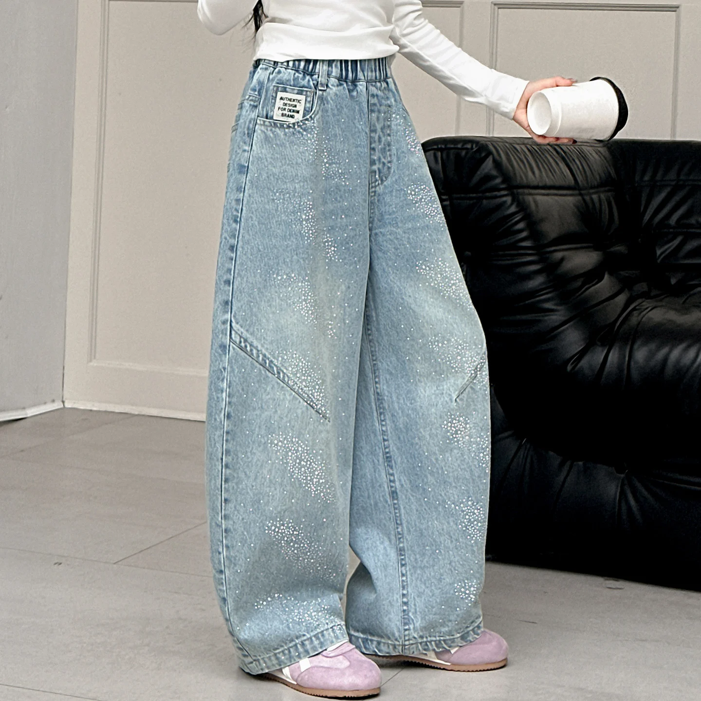 

Children Spring Autumn Wide-leg Denim Pants Fashion Kids Straight Trousers With Shinny Decoration 4-14YTween Girls Loose Jeans