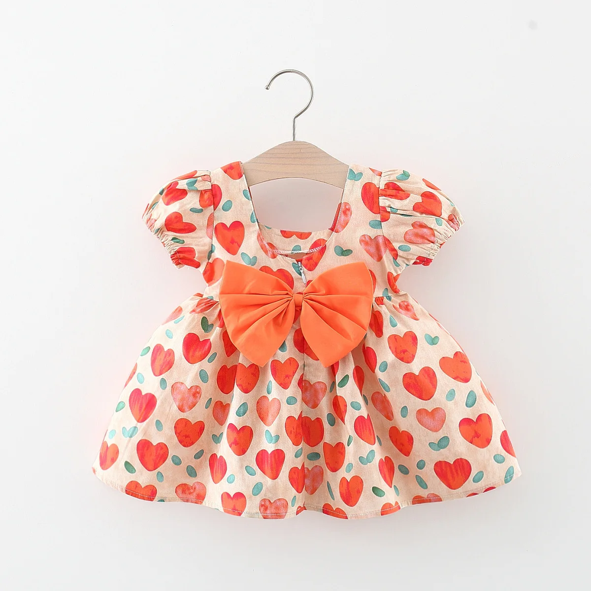 Baby Girl Summer Cotton Love Print Bow Small Square Neck Dress Girl Korean Fashion Bubble Sleeve Party Dress