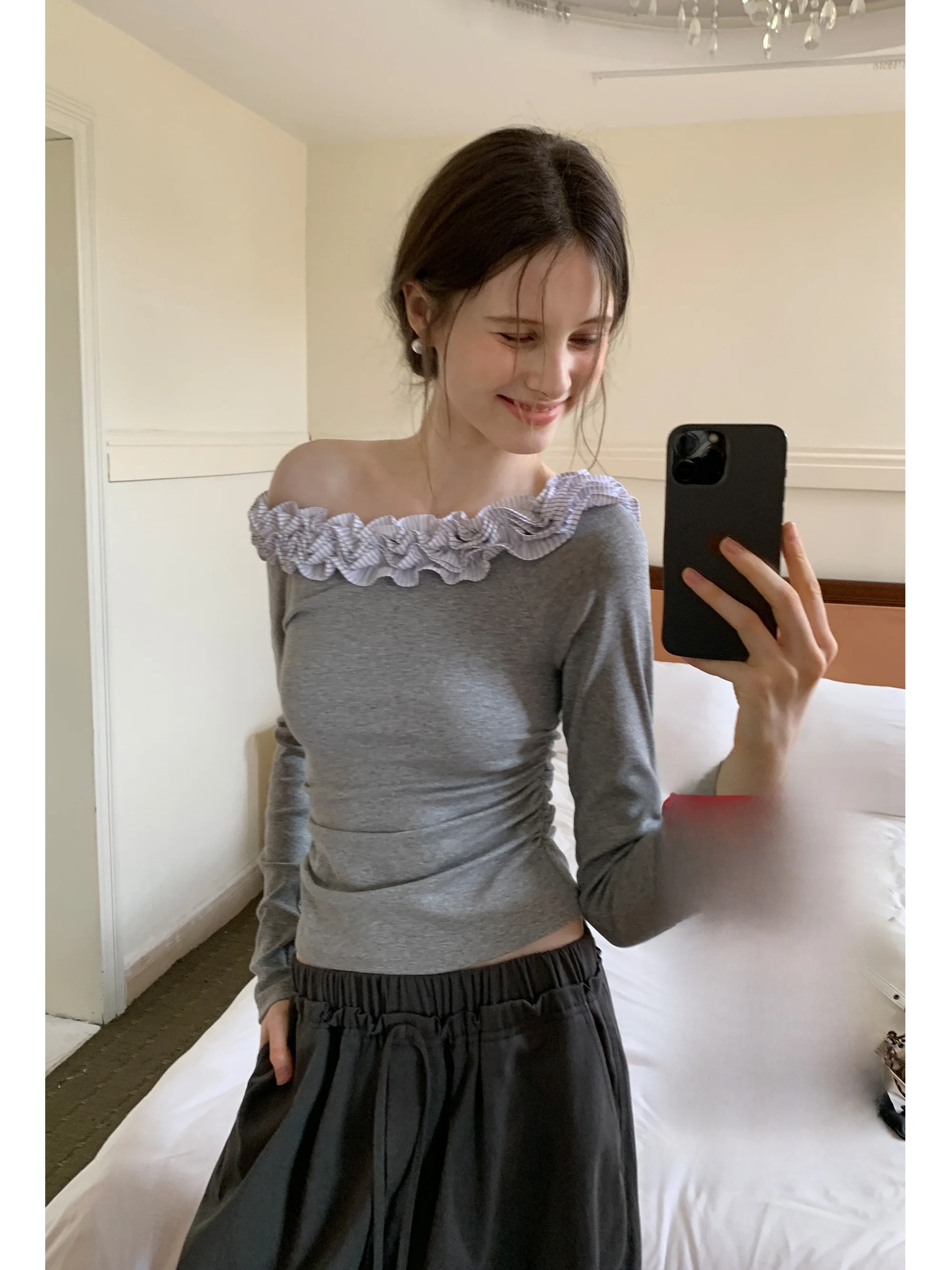 

Женская футболка Eggka Long Sve, облегающая, с высокой талией, с рюшами на талии, удобная для кожи, дышащая