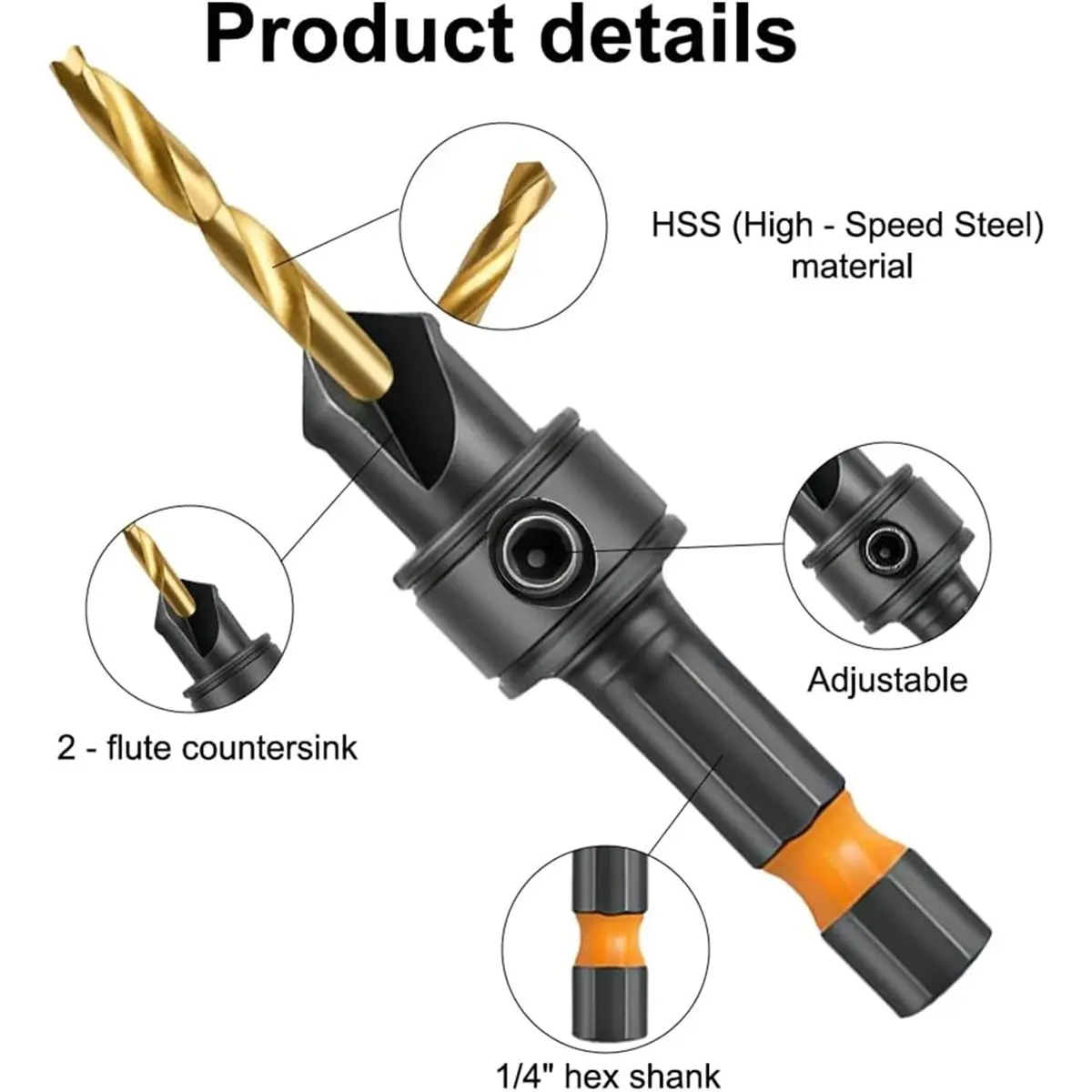 A56K Countersink Drill Bit Wood, Countersink Drill Bit Set for Woodworking, 4, 6, 8, 10, 12, 1/4 Inch Spiral Drill Bit